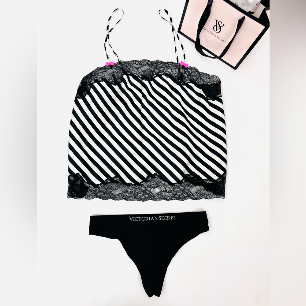 Victoria Secret Zebra Camisole Black/White Striped Satin W Black Thongs Small